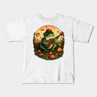 Cottagecore aesthetic cute frog playing ukelele on Mushroom Kids T-Shirt